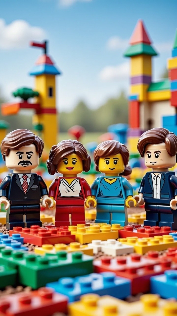 LEGO Figures in Colorful Outdoor Scene with Castle
