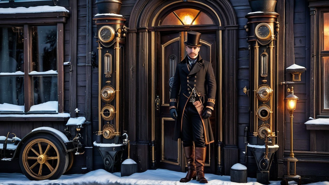 Middle-aged Man in Steampunk Outfit by House Door
