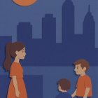 Surreal Twilight Landscape with Children and Glowing Spheres