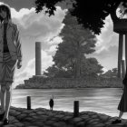 Futuristic Black-and-White Cityscape with Figures