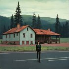 Man in Brown Coat Gazing at Rustic House and Pines