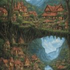 Surreal Landscape with Treehouses and Wooden Bridge