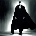 Futuristic figure in dark costume against cosmic backdrop