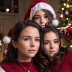 Young Woman in Santa Hat by Festive Fireplace and Tree