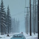 Vintage Turquoise Car on Snowy Road with Dreamlike Sky