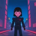 Young Woman in Black with Ethereal Figures and Landscape