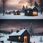 Winter Village Scene at Dusk and Night with Cabins