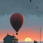 Cozy House and Hot Air Balloon at Sunset Landscape