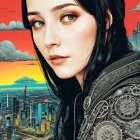 Portrait of a Young Woman with Black Hair and Red Eyes