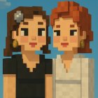 Stylized Young Girls with Lanterns on Blue Background