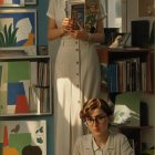 Young Women in Sunlit Room with Portraits and Sunflowers