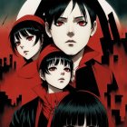 Gothic Illustration of Characters with Pale Skin and Red Accents