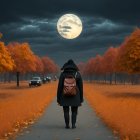 Surreal Autumn Scene with Man and Dog Under Moon