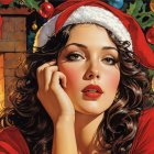 Close-up of a woman in festive attire by a fireplace