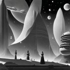 Monochrome Scene of Figures by Serene Riverside