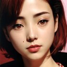 Close-Up Portrait of Woman with Red Makeup and Floral Accents