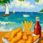 Seaside Scene with Fried Pastries and Tall Ships