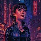 Young woman in cyberpunk city with neon lights