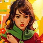 Young woman in red coat with steampunk backdrop