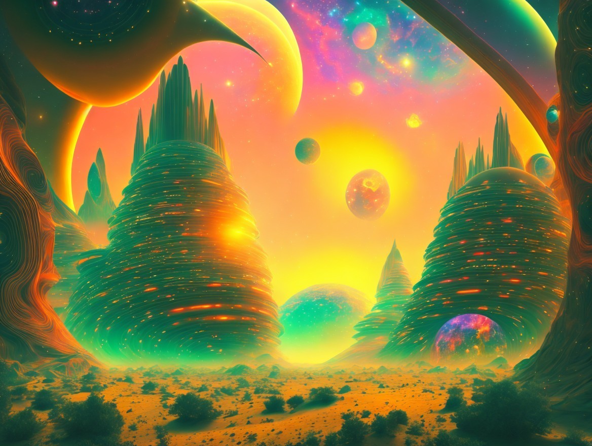 Surreal Alien Landscape with Vibrant Colors and Mountains