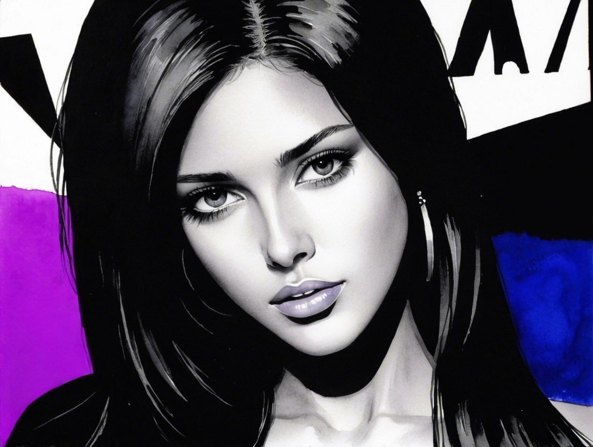 Black and White Illustration of Young Woman with Hair
