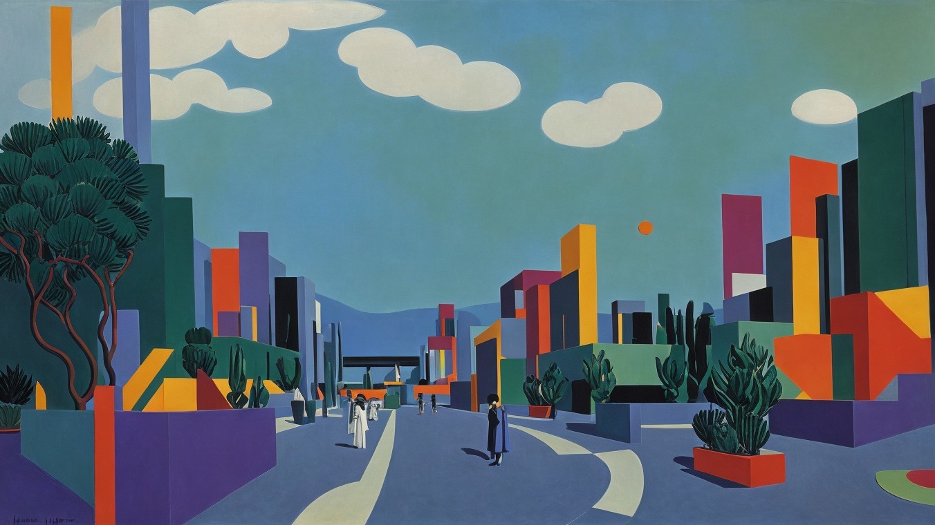 Vibrant Cityscape with Geometric Buildings and Greenery