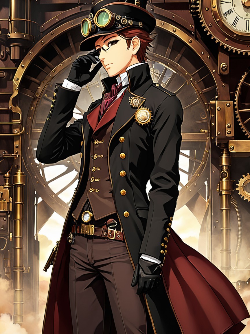 Steampunk Character in Industrial Gear Backdrop