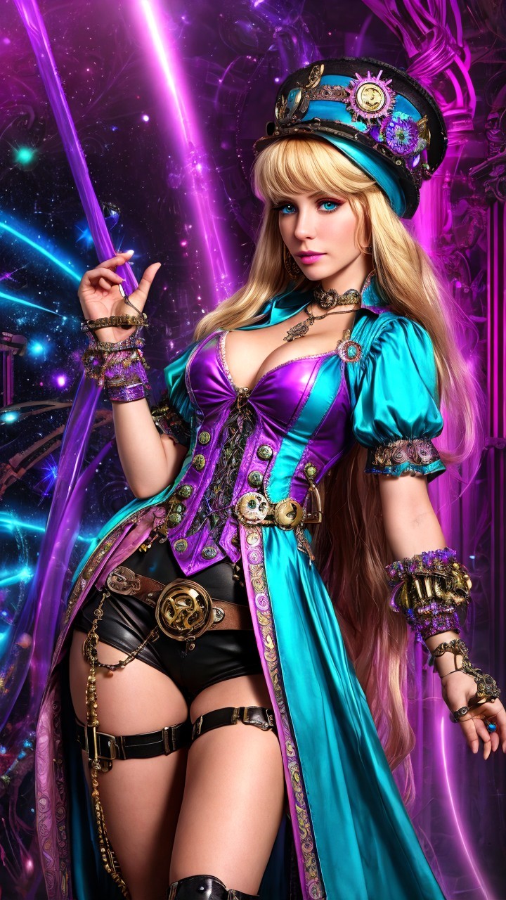 Vibrant Steampunk Character in Purple and Turquoise Outfit