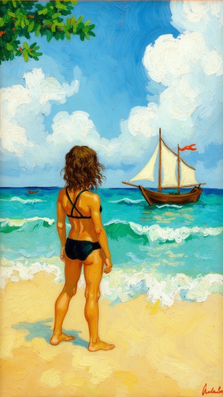 Young girl on beach with ocean and sailboat view