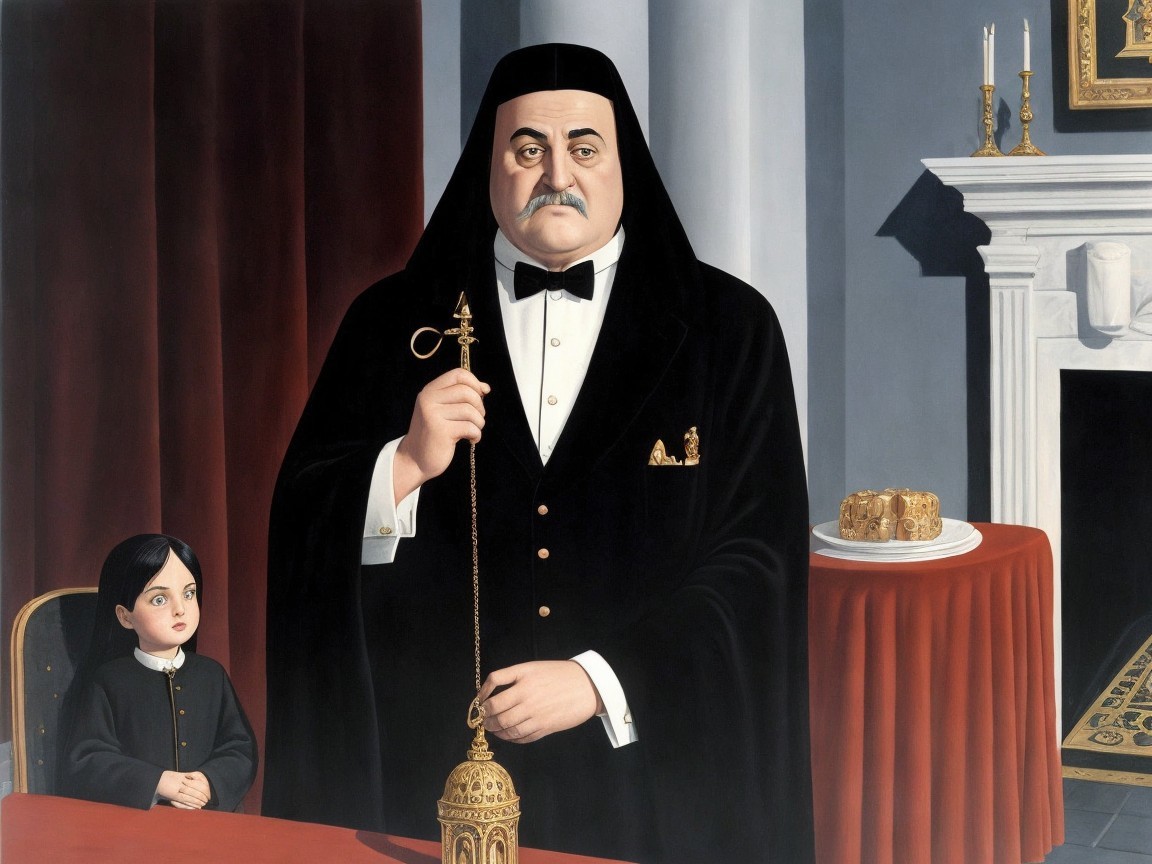 Painting of a man in black robes with a girl at a table