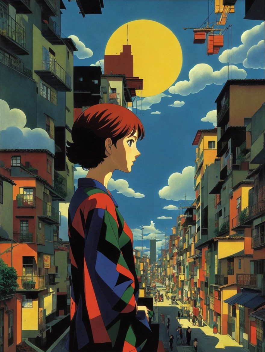 Young Woman on Balcony Overlooking Vibrant Cityscape