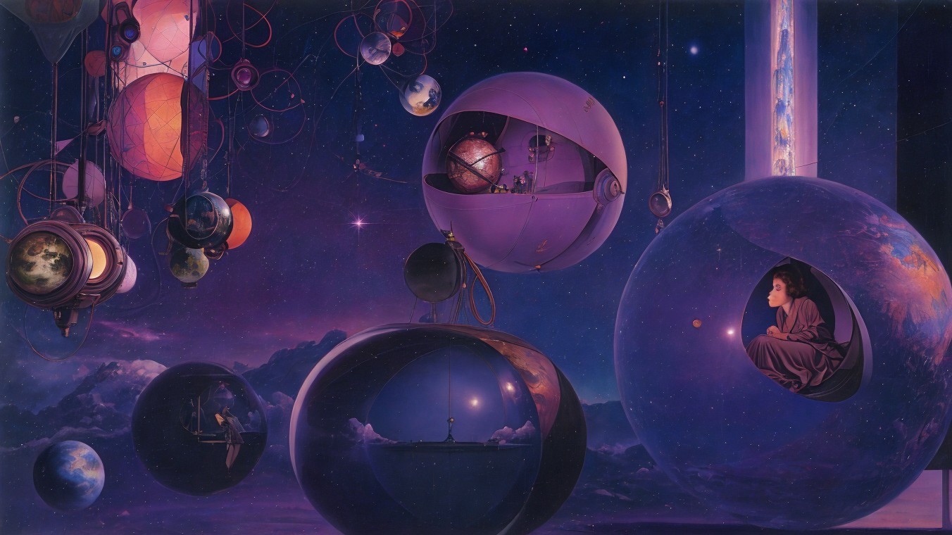 Surreal Cosmic Scene with Floating Spheres and Worlds