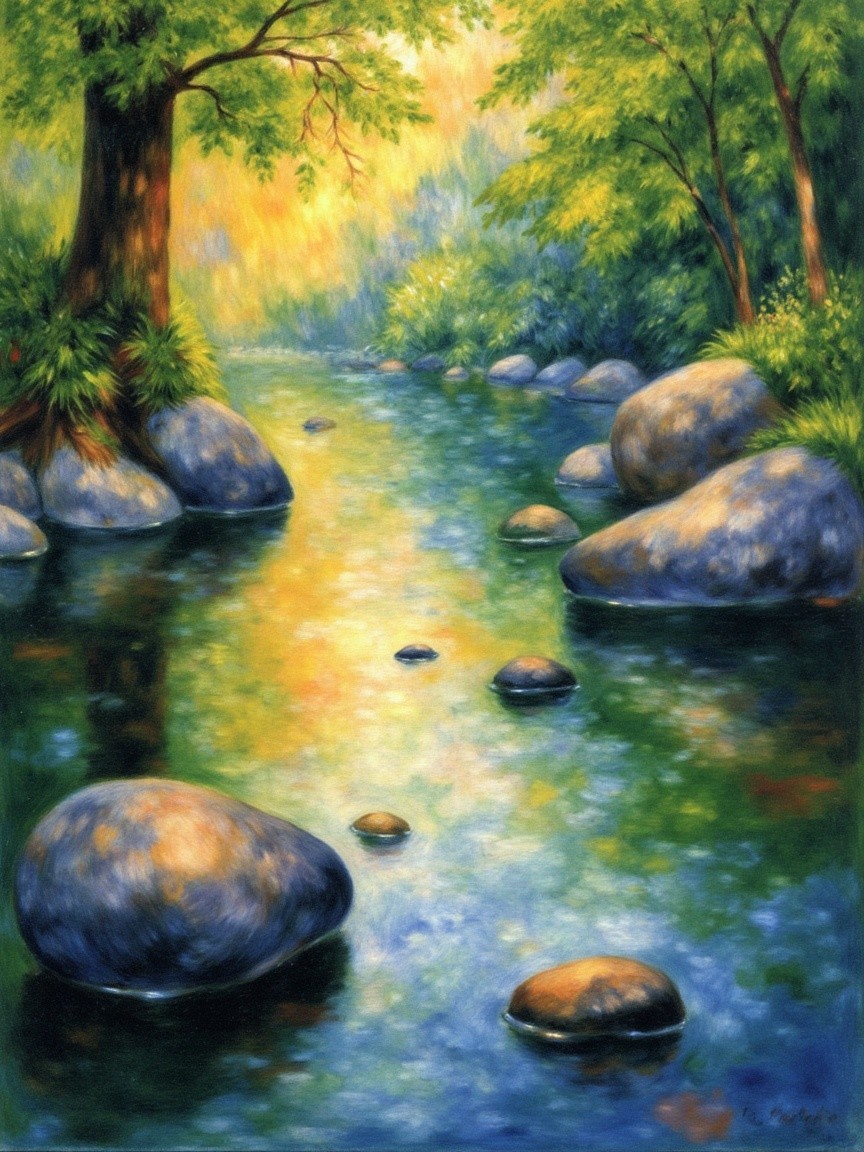 Serene Landscape with Tranquil Stream and Greenery