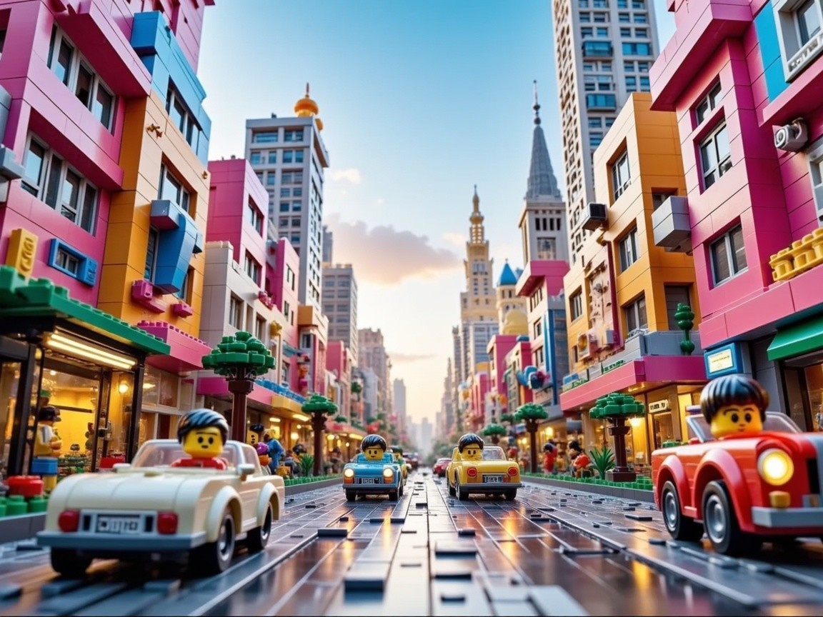 Vibrant Lego City Street with Colorful Buildings and Cars