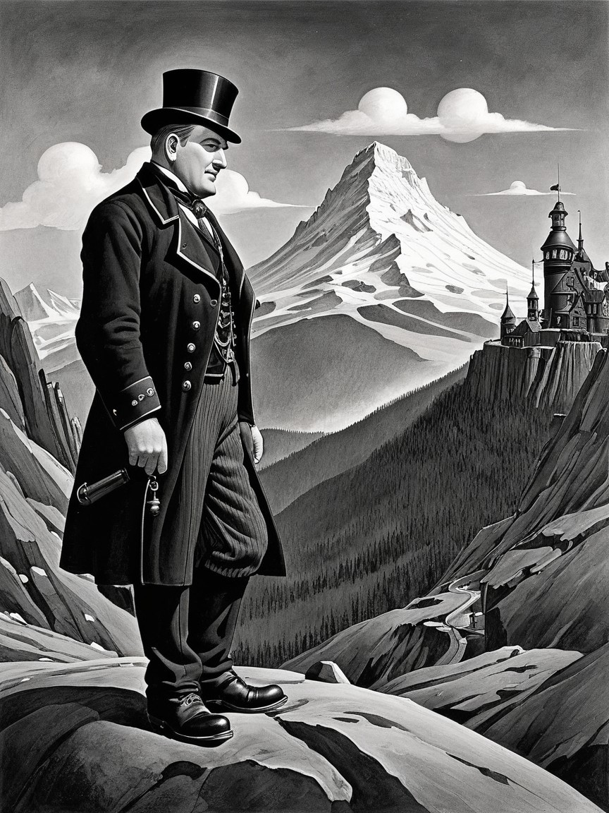 Dapper Gentleman on Rocky Precipice with Castle Background
