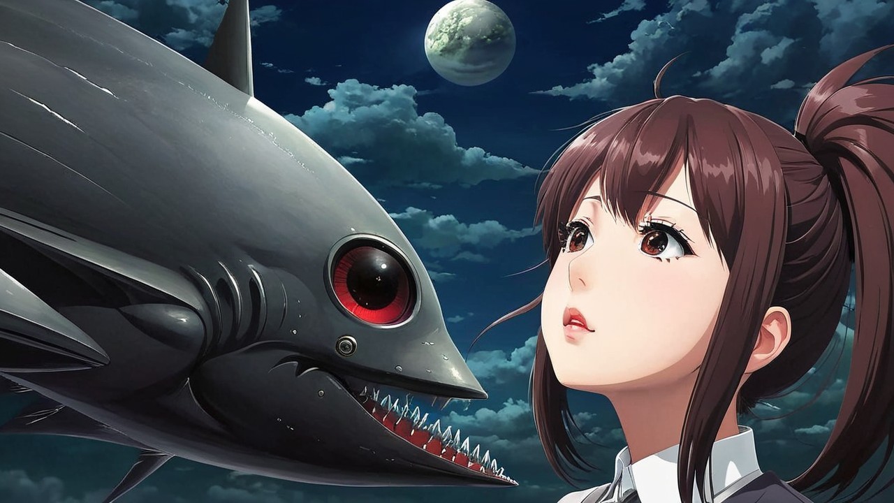 Young girl and menacing fish-like creature under moonlight