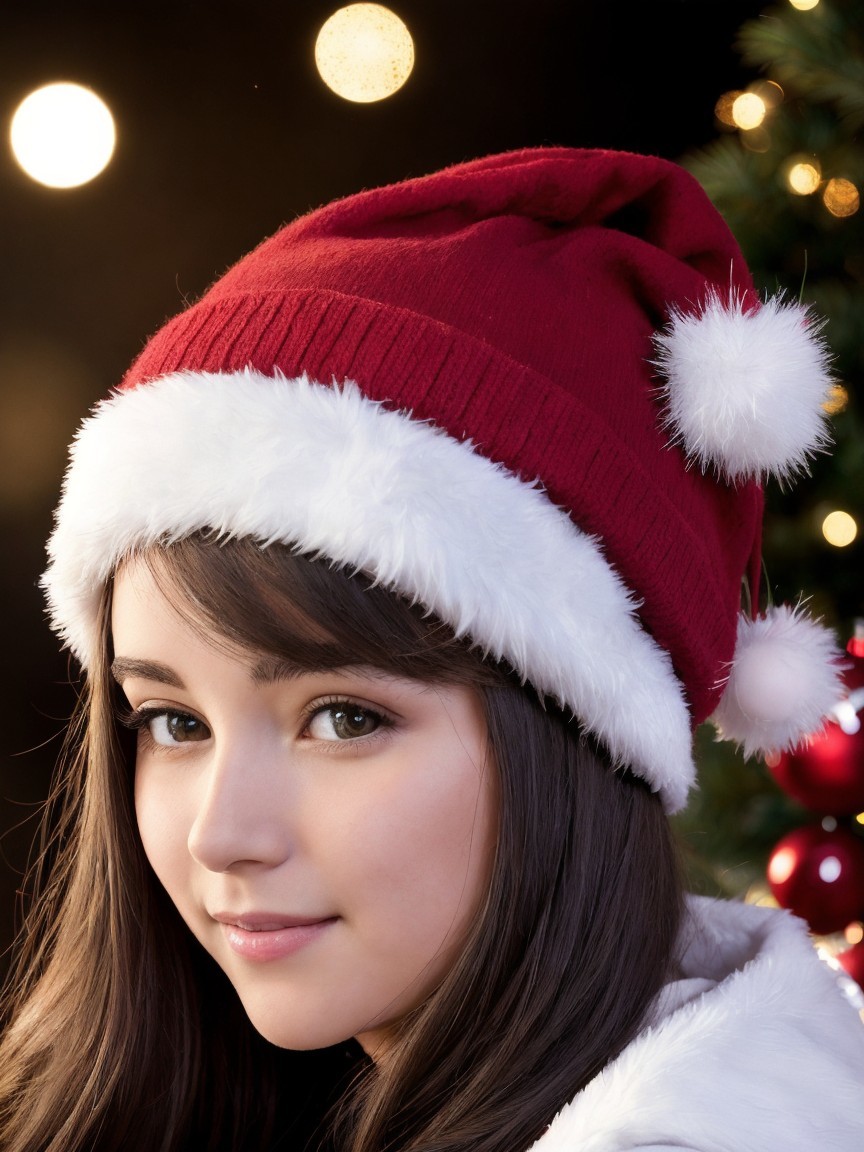 Young girl in Santa hat with Christmas decorations