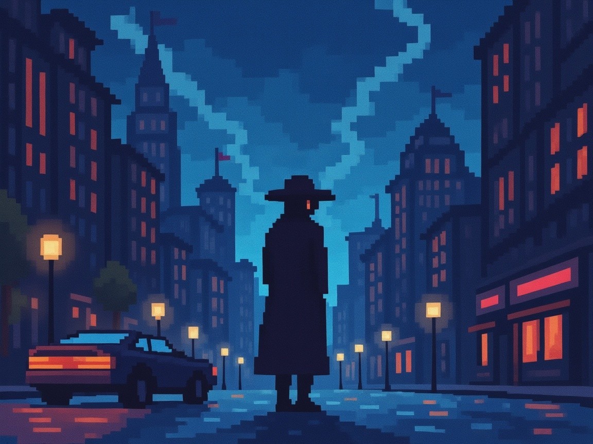 Pixel Art Scene of a Shadowy Figure in Urban Rain