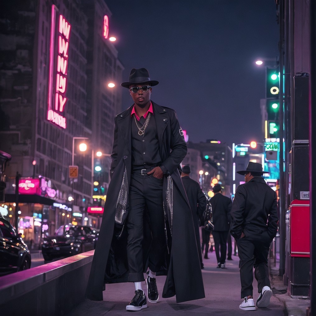 Stylish Figure in Vibrant City Street at Night