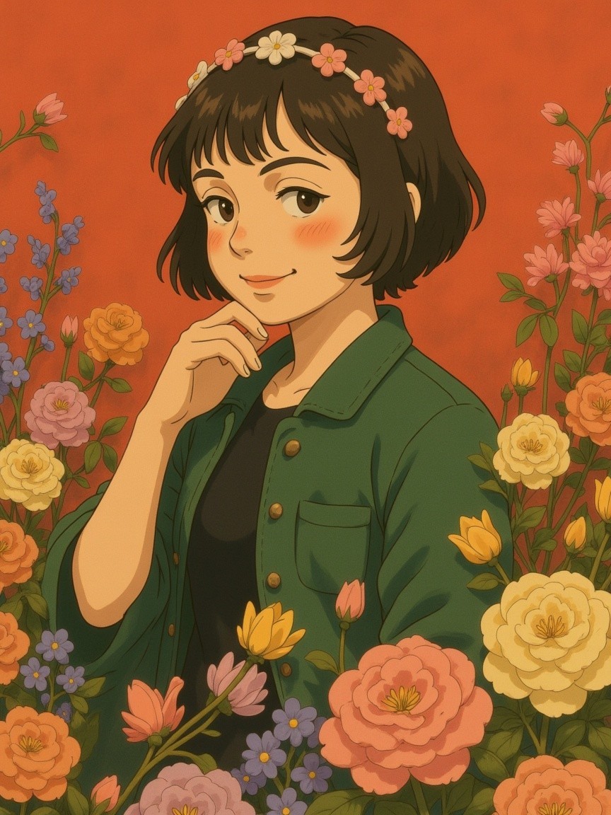 Young woman with floral crown in vibrant flower setting