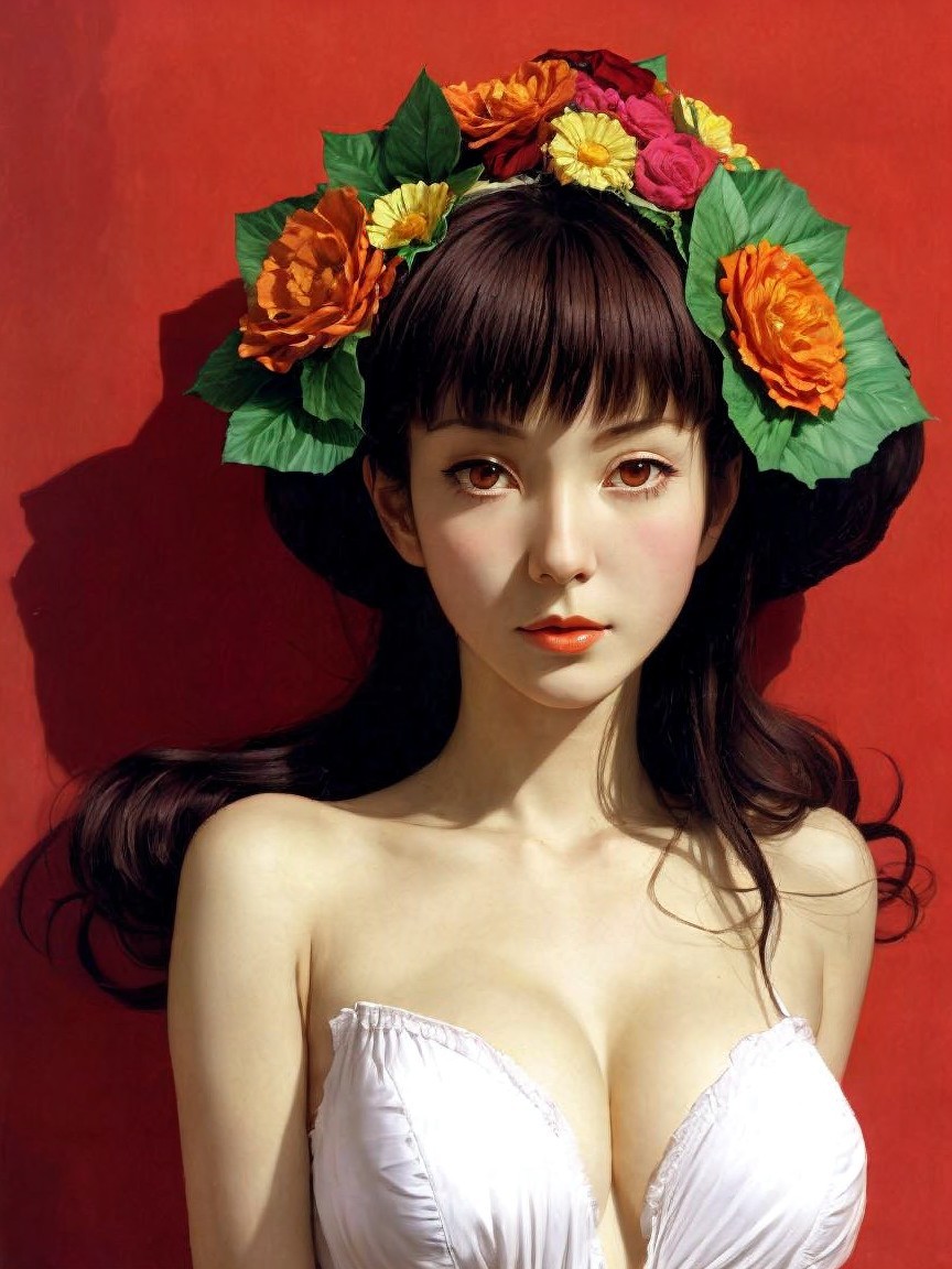 Young Woman with Floral Crown Against Red Backdrop