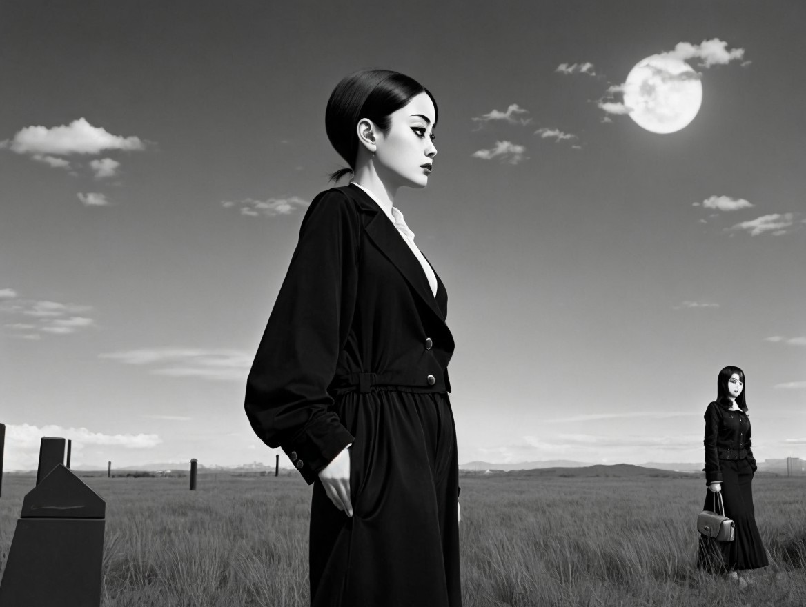 Black-and-white landscape featuring two figures under moon
