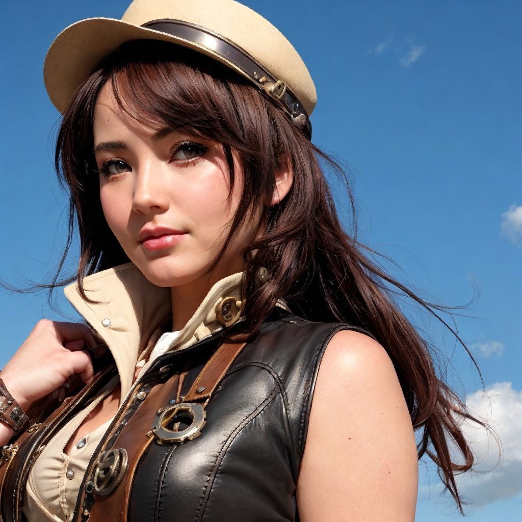 Young woman in cream hat and leather vest against sky
