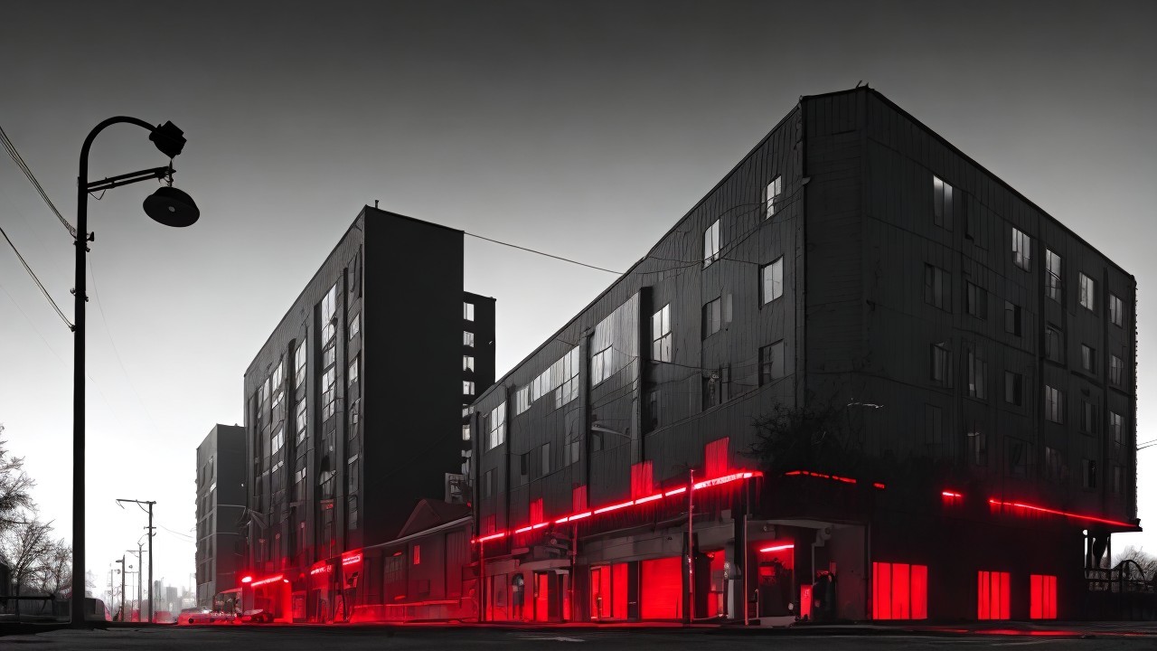 Urban Landscape with Industrial Buildings and Neon Lights