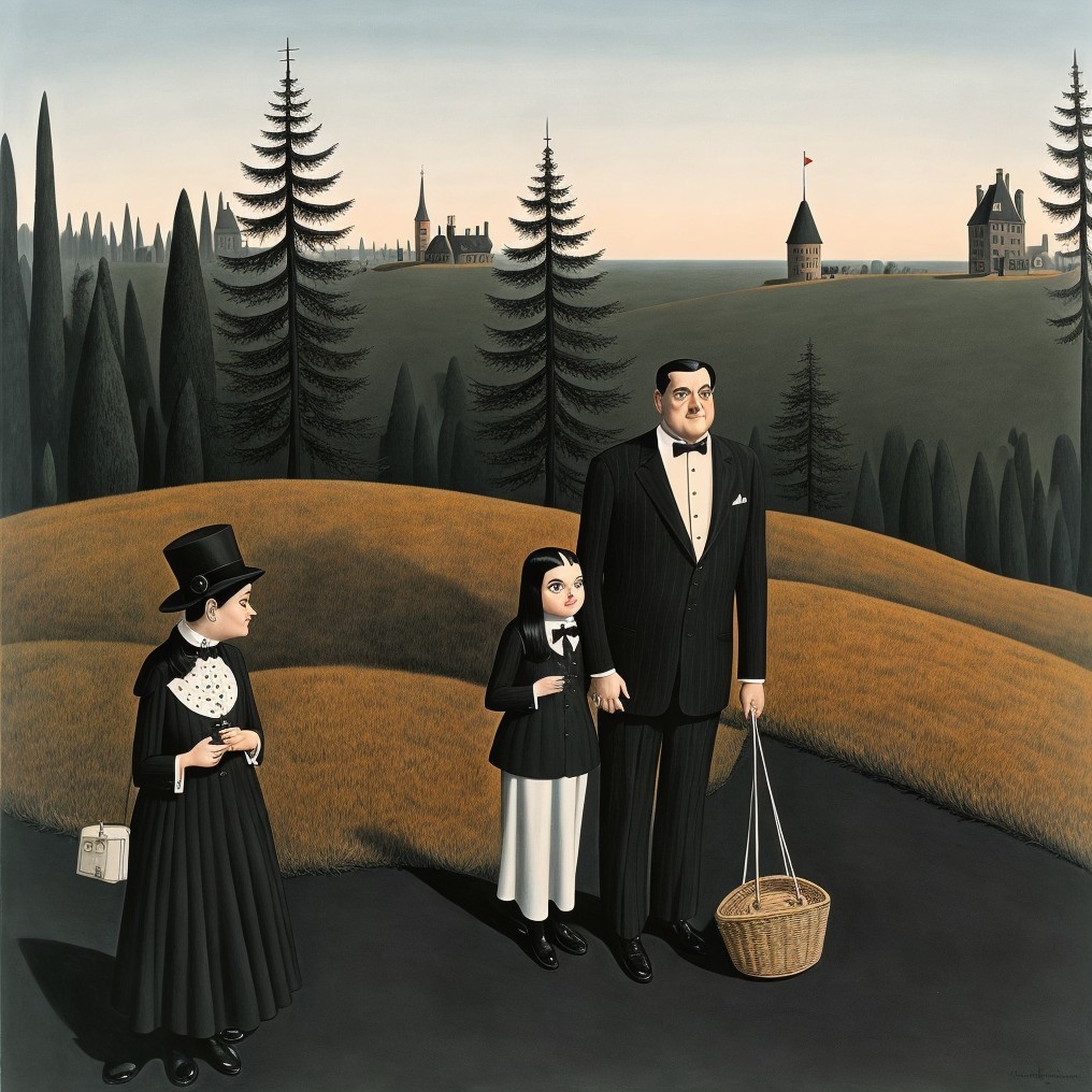 Surreal Landscape with Formal Figures and Eerie Ambiance