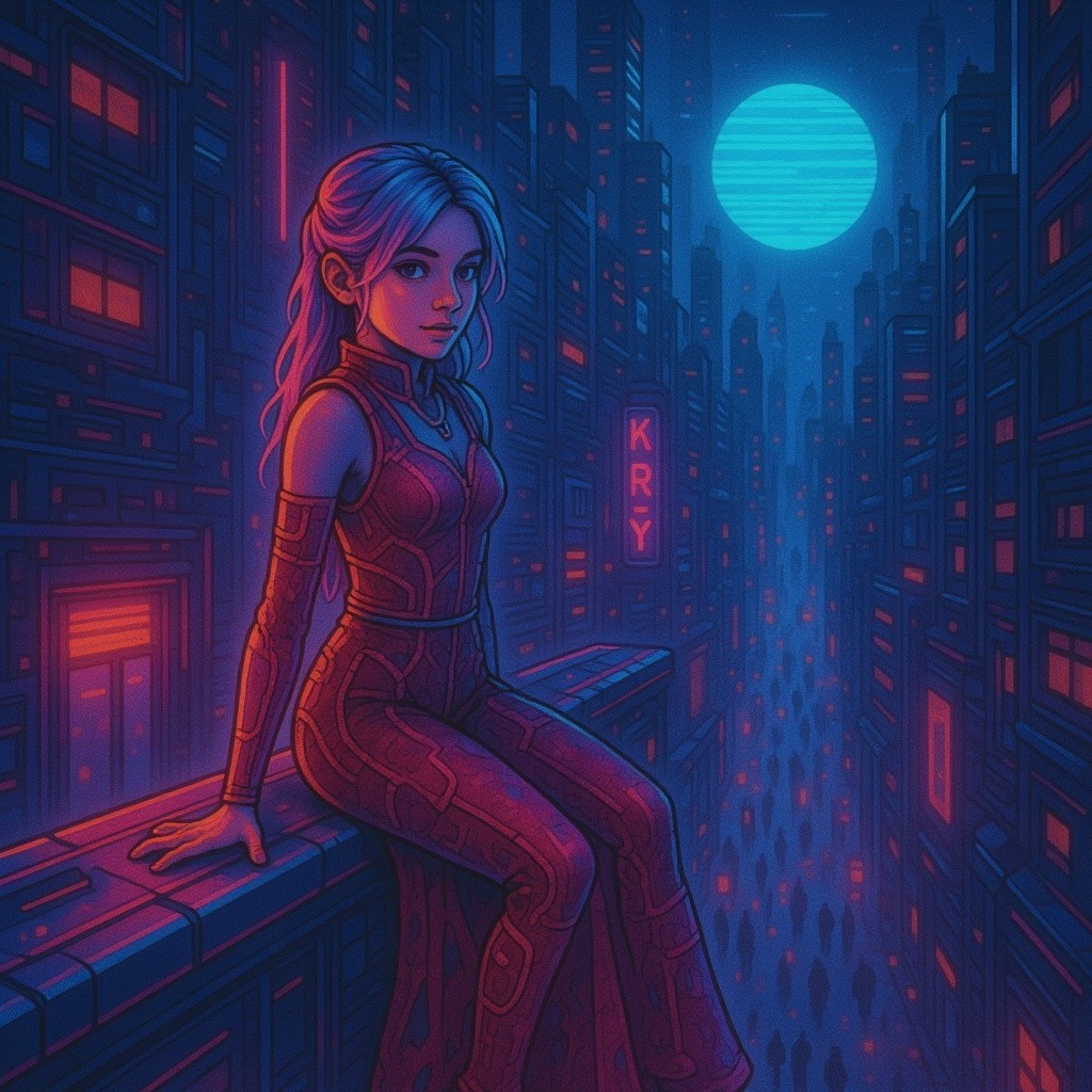 Cyberpunk Cityscape with Young Woman in Futuristic Outfit