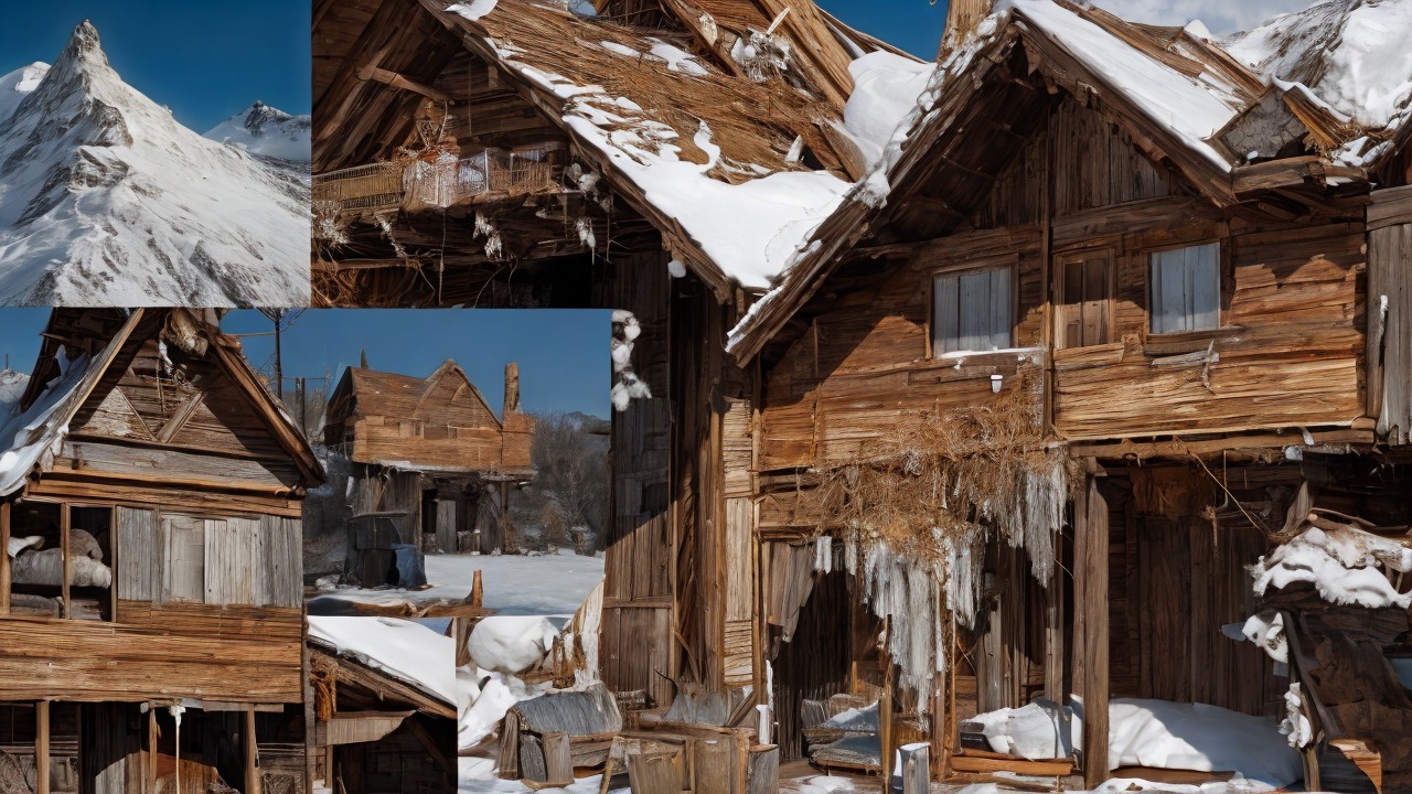 Rustic Wooden Building in Snowy Mountain Landscape