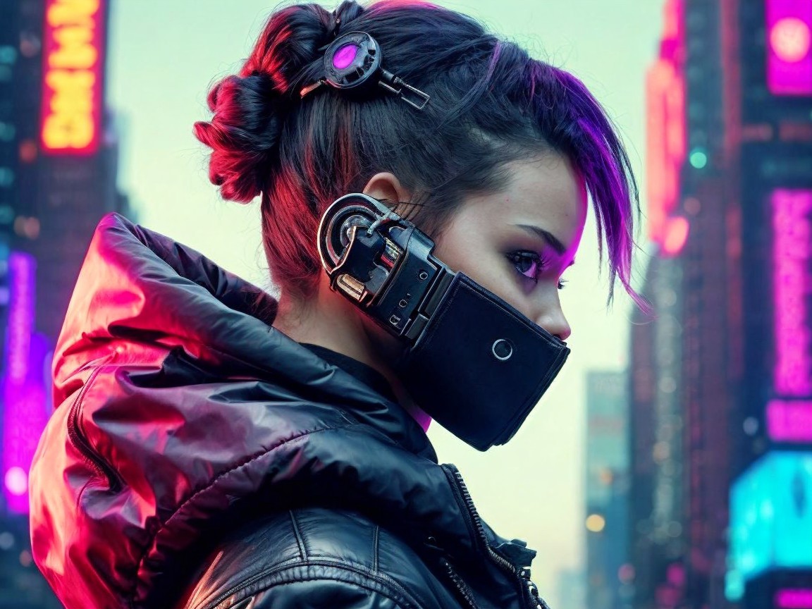 Futuristic Cyberpunk Scene with Stylish Young Woman