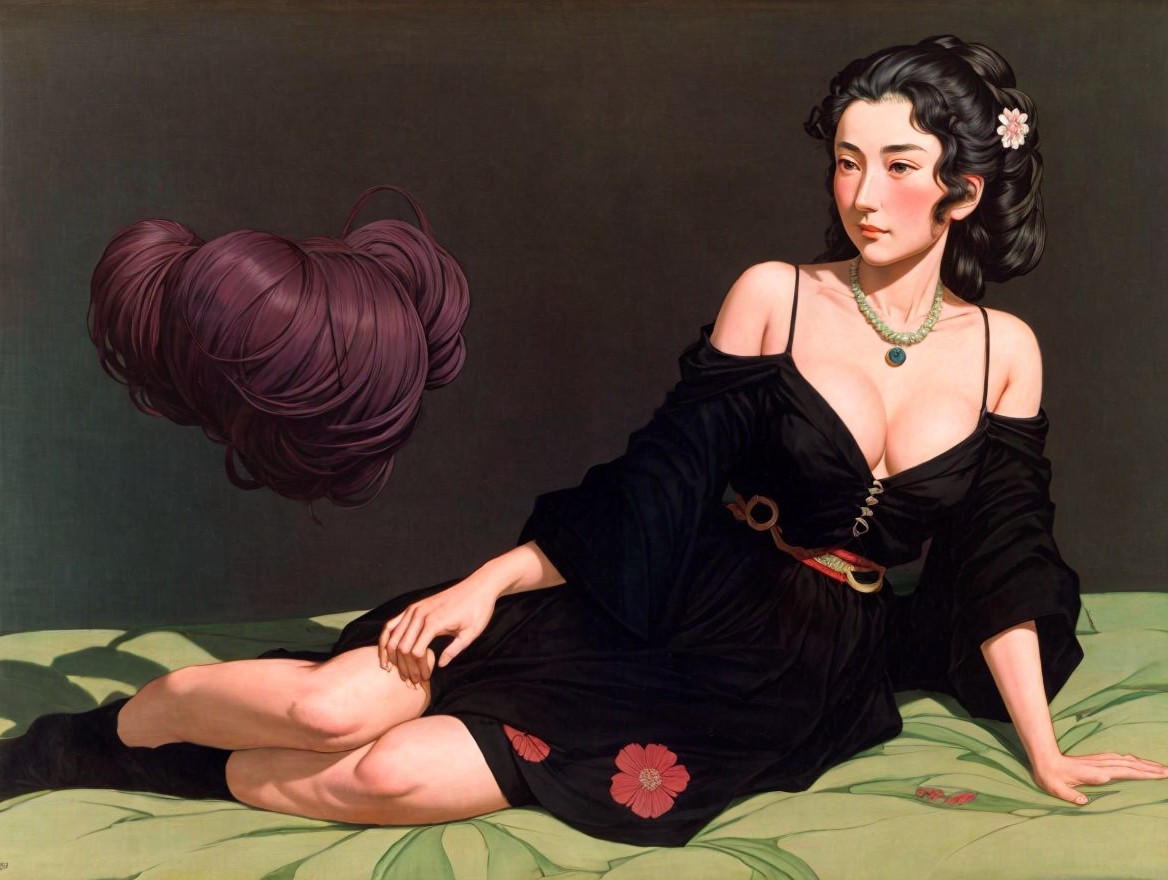 Reclining Figure in Floral Black Garment on Green Surface