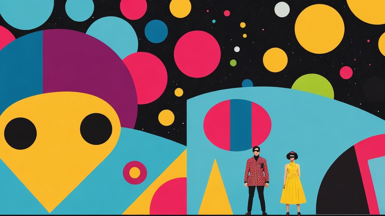 Figures in Vibrant Abstract Setting with Bold Colors